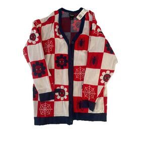 BoxLunch Marvel SpiderMan Checkerboard Cardigan Sweater Blue Red Blue